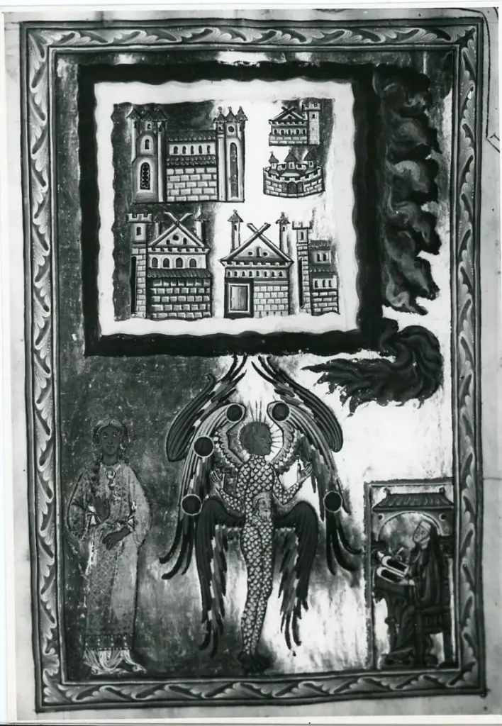 Anonimo sec. XIII , Visione di Ildegarda di Bingen, Sapienza, Tenebre, Fuoco, Figura antropomorfa con sei ali, Immagine di citt&agrave;, Cornice con motivi decorativi fitomorfi