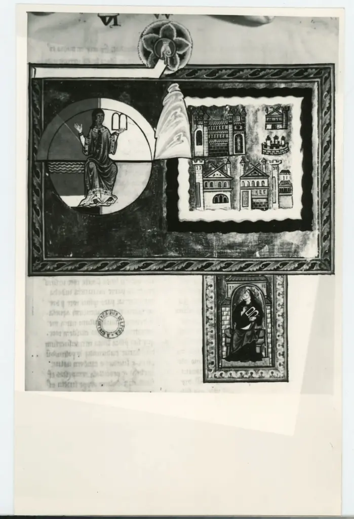 Anonimo sec. XIII , Visione di Ildegarda di Bingen, Carit&agrave;, Immagine di citt&agrave;, Cornice con motivi decorativi fitomorfi