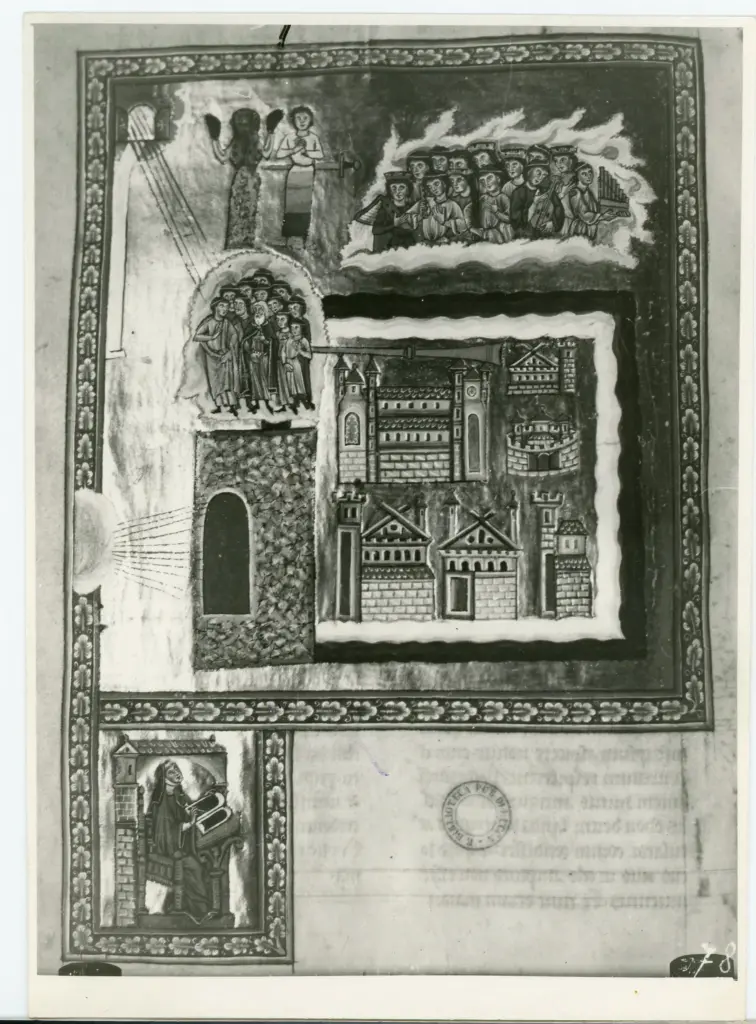 Anonimo sec. XIII , Visione di Ildegarda di Bingen, Gruppo di uomini, Immagine di citt&agrave;, Cornice con motivi decorativi fitomorfi