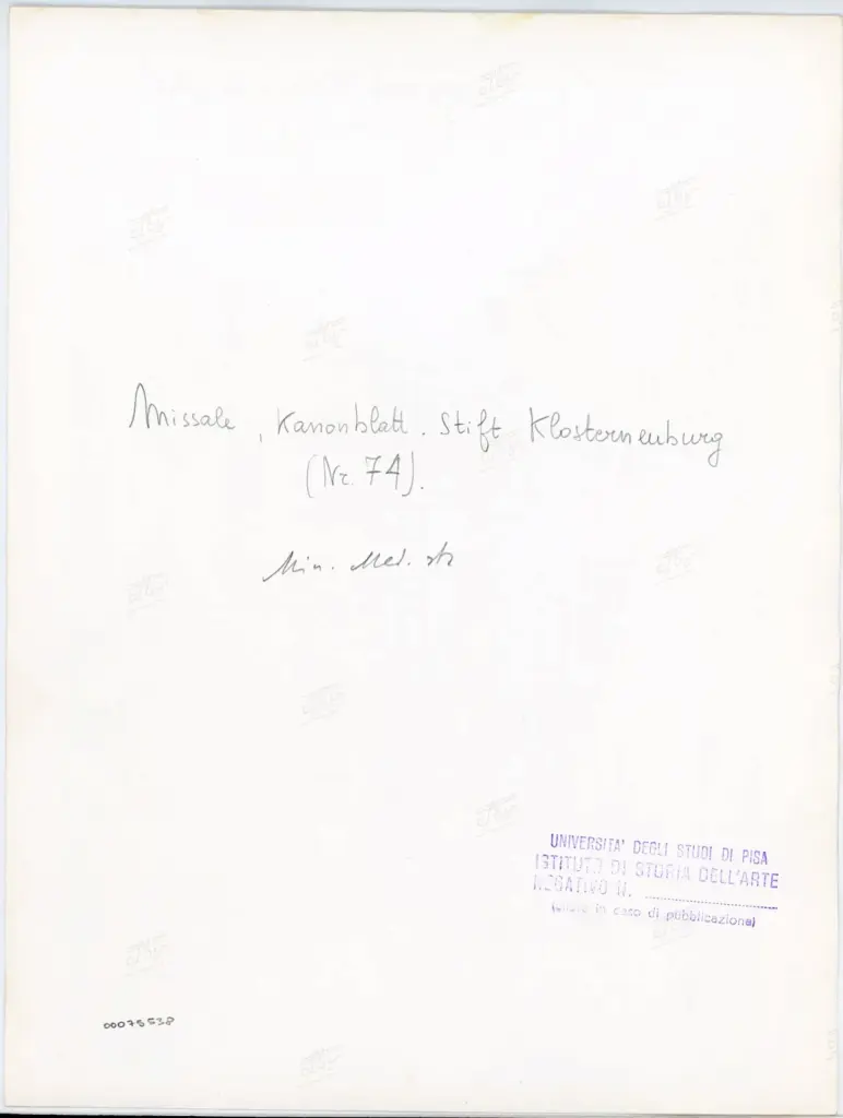 Universit&agrave; di Pisa. Dipartimento di Storia delle Arti , Missale, Kanonblatt. Stift Klosterneuburg (Nr. 74). , retro