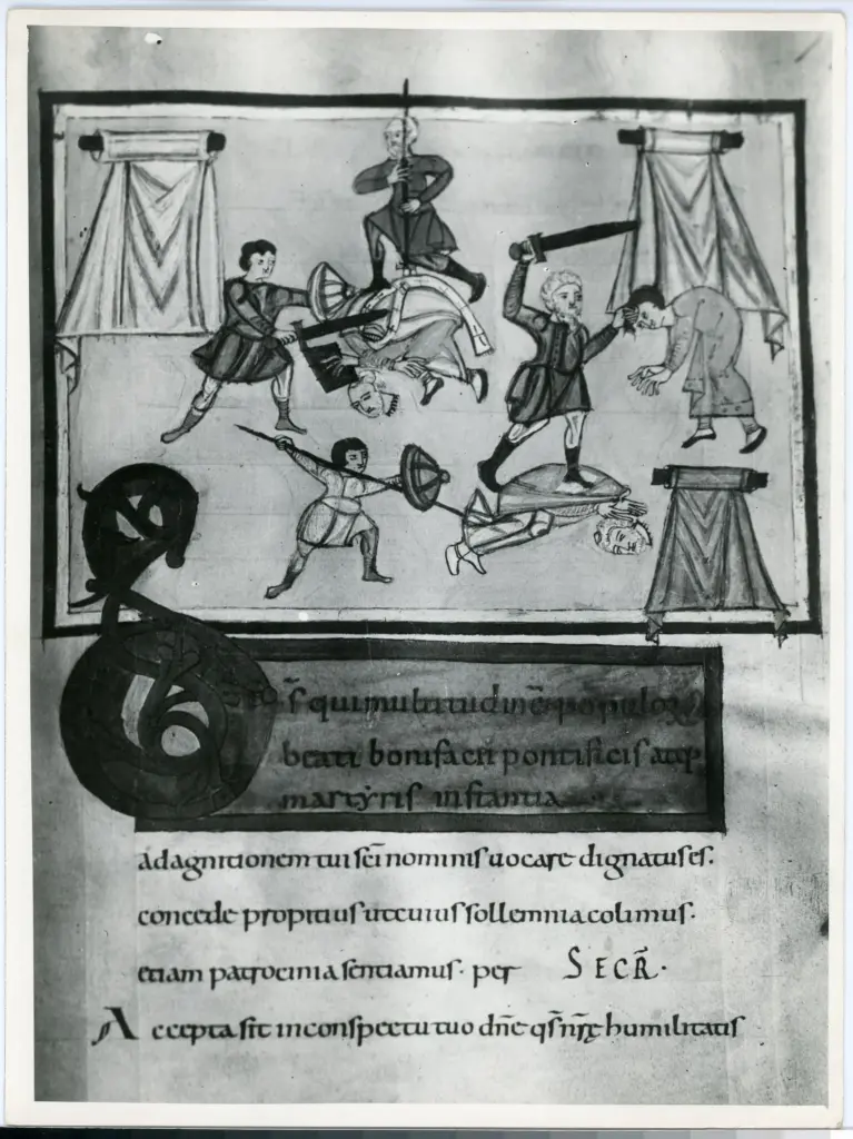 Anonimo sec. XI , Scena di esecuzione, Scena di decapitazione, Iniziale D, Iniziale decorata, Motivi decorativi fitomorfi