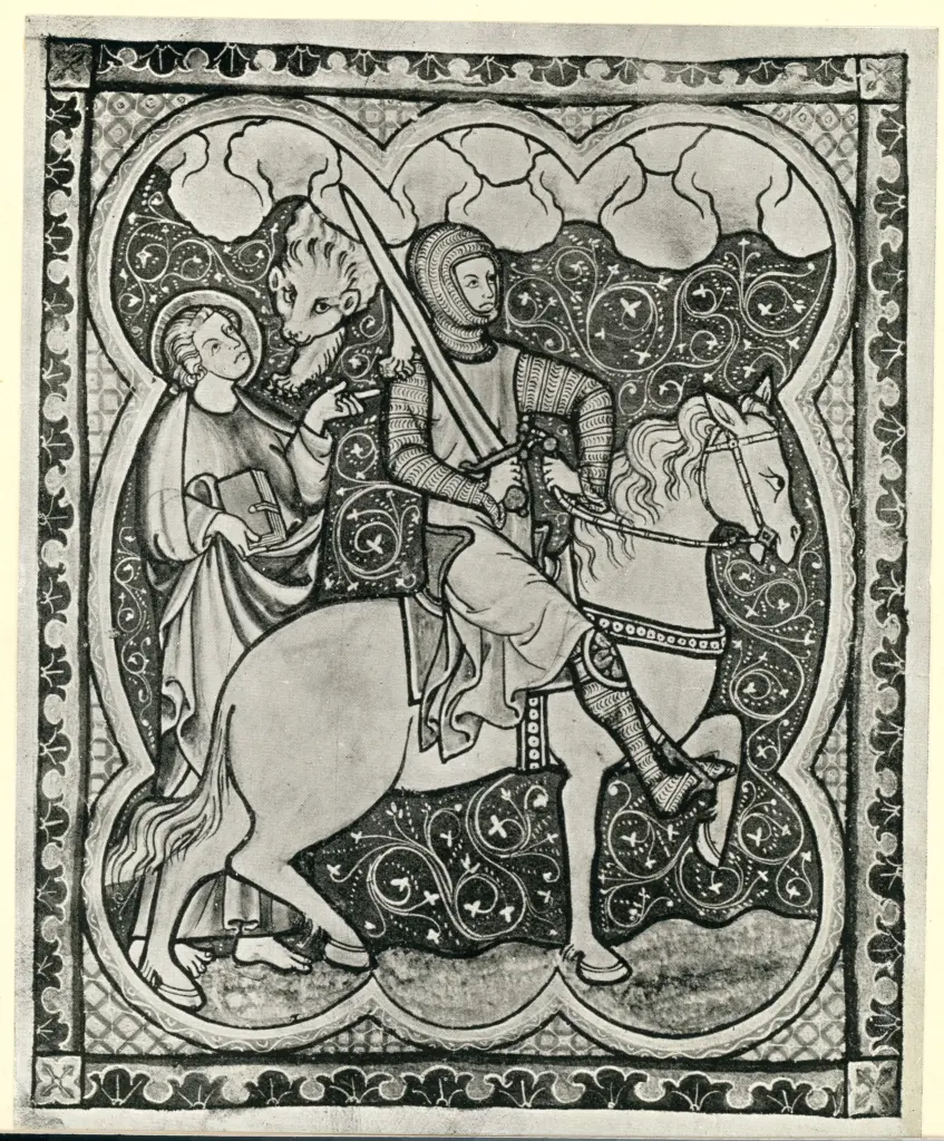 Anonimo sec. XIV , Leone, Cavaliere, Cornice con motivi decorativi fitomorfi e geometrici