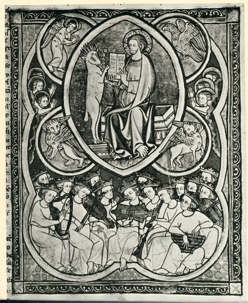 Anonimo sec. XIV , Cristo Redentore tra santi e simboli degli evangelisti, Musici, Cornice con motivi decorativi fitomorfi e geometrici