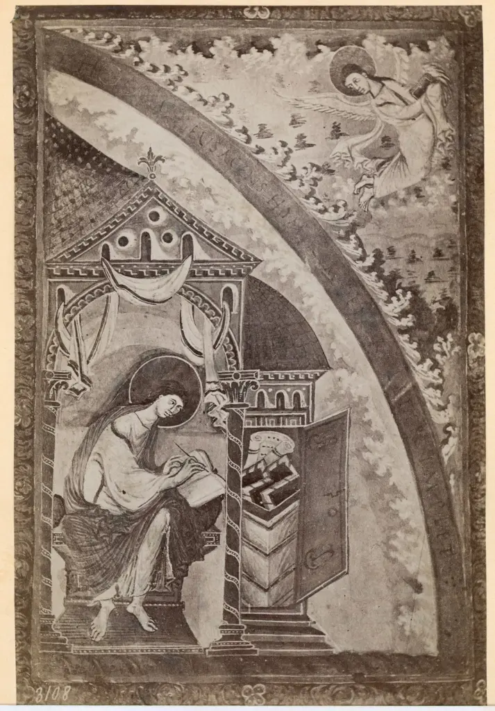 Anonimo , Anonimo - Manoscritto, un foglio miniato, San Matteo Evangelista e l'angelo , fronte