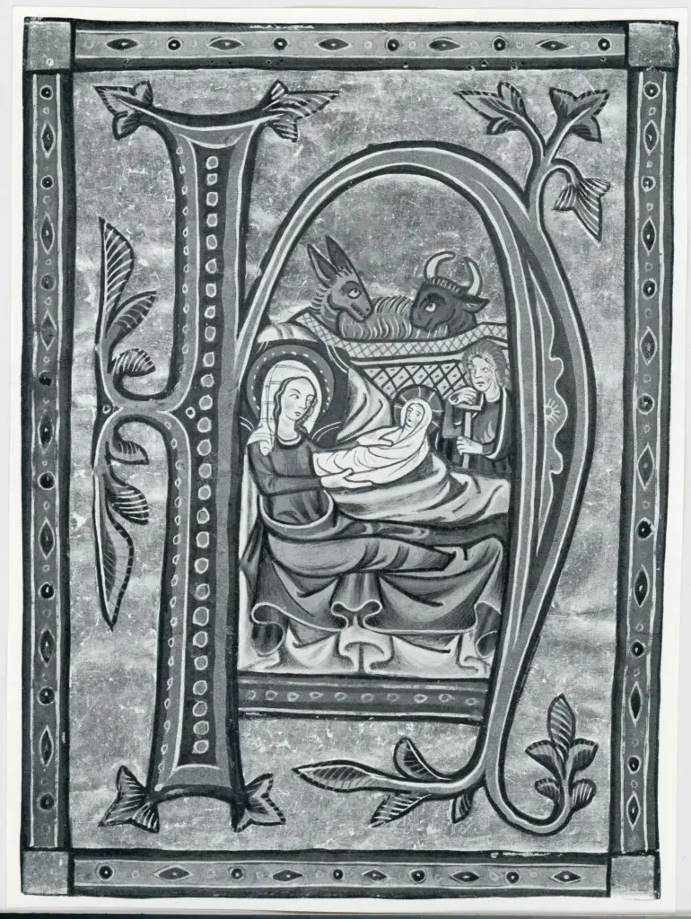 Anonimo sec. XII/ XIII , Iniziale H, Iniziale istoriata, Nativit&agrave; di Ges&ugrave;, Motivi decorativi fitomorfi, Cornice con motivi decorativi geometrici
