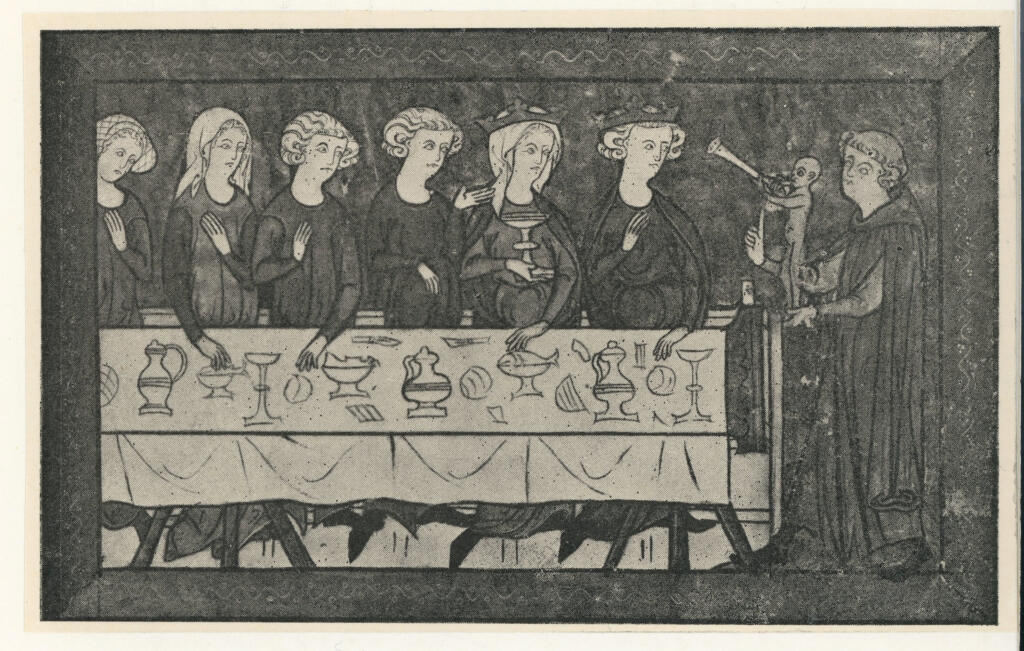 Anonimo , Le philosophe présente au roi et à sa suite la statue d'or du gardien de la tour. - Ms. « Li Contes de Meliacen », Bibl. Nat. fr. 1633, fol. 4. , fronte