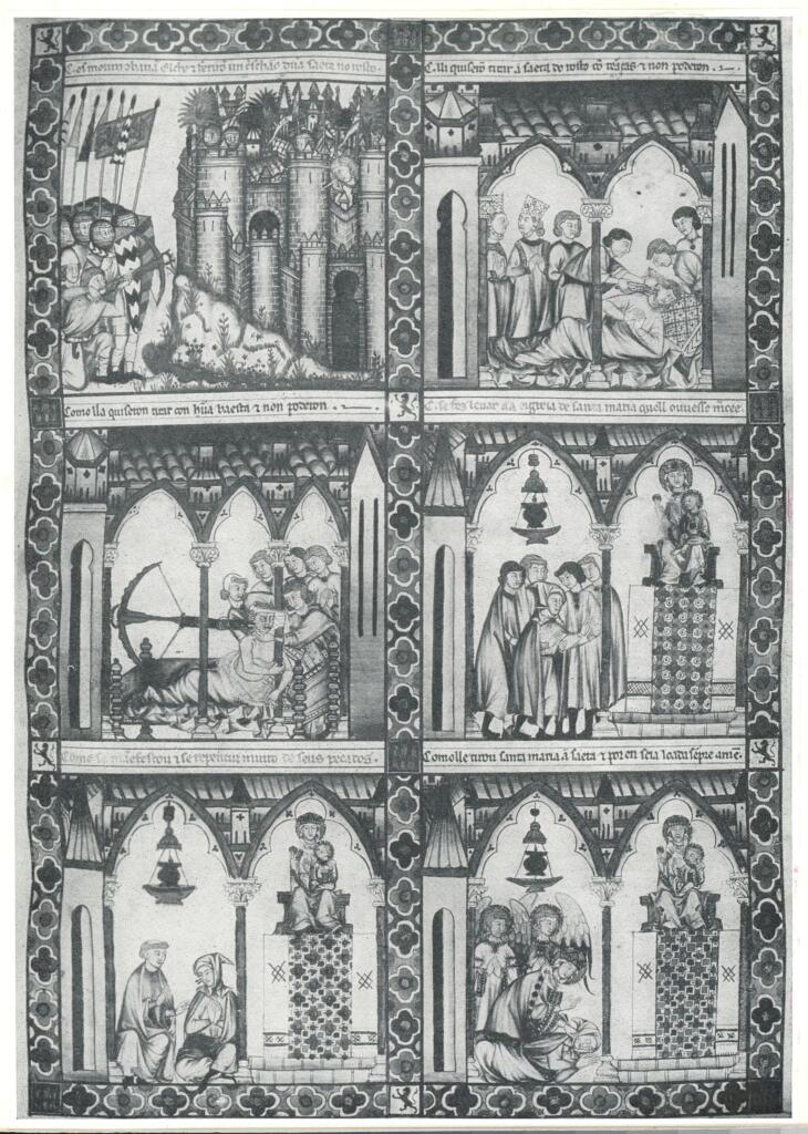 Anonimo , Monasterio de El Escorial. Pagina miniada de las "Cantigas de Santa Maria" (siglo XIII), en la Biblioteca , fronte