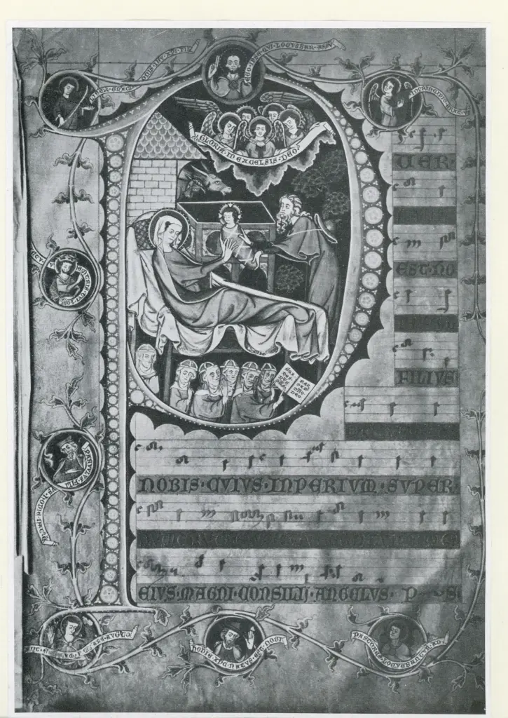 Anonimo , Codex Gisle. Graduale. Um 1300. Initiale P: Geburt Christi. Im Carolinum Osnabrück. , fronte