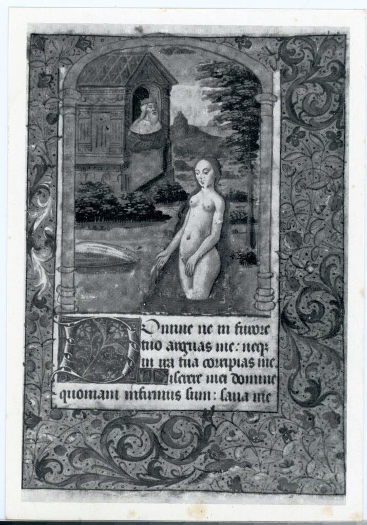 Anonimo francese , Iniziale D, Iniziale decorata, Cornice con motivi decorativi fitomorfi e animali, Re David, Bethsabea al bagno