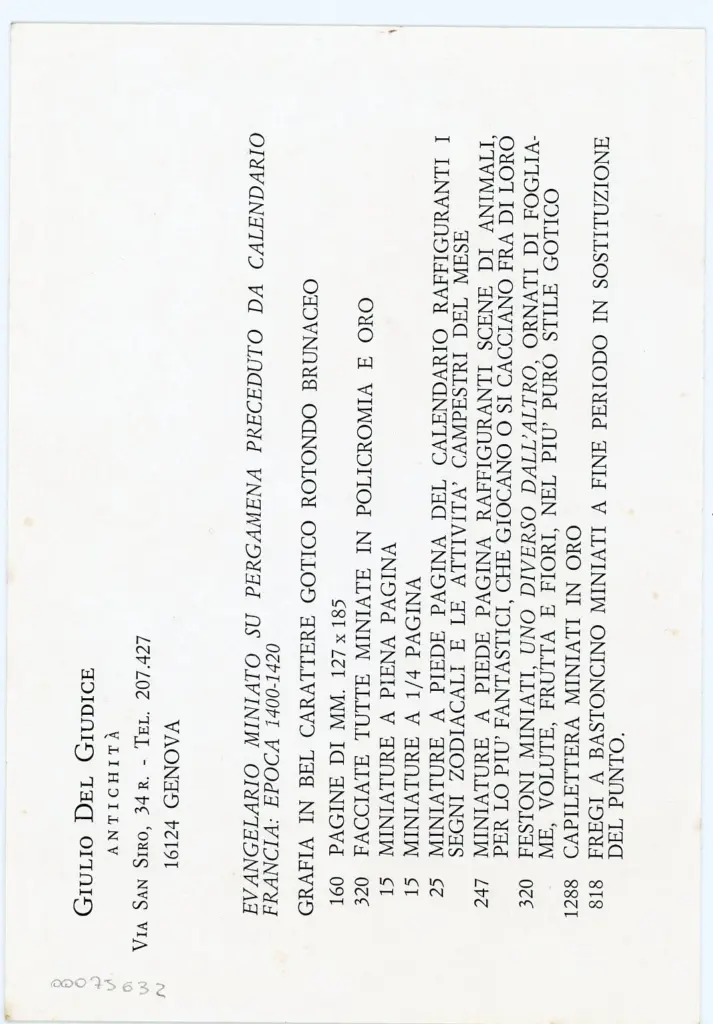 Anonimo , Evangeliario miniato su pergamena preceduto da calendario - Francia: epoca 1400-1420 , retro