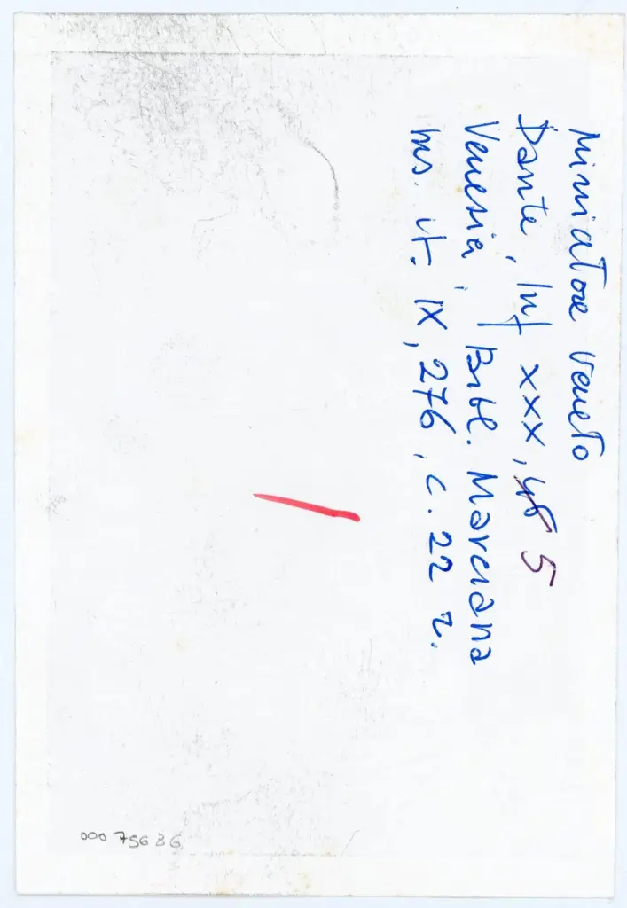 Anonimo , Miniatore veneto - Dante, Inf XXX,5 - Venezia, Bibl. Marciana. ms it. IX, 276, c. 22r , retro