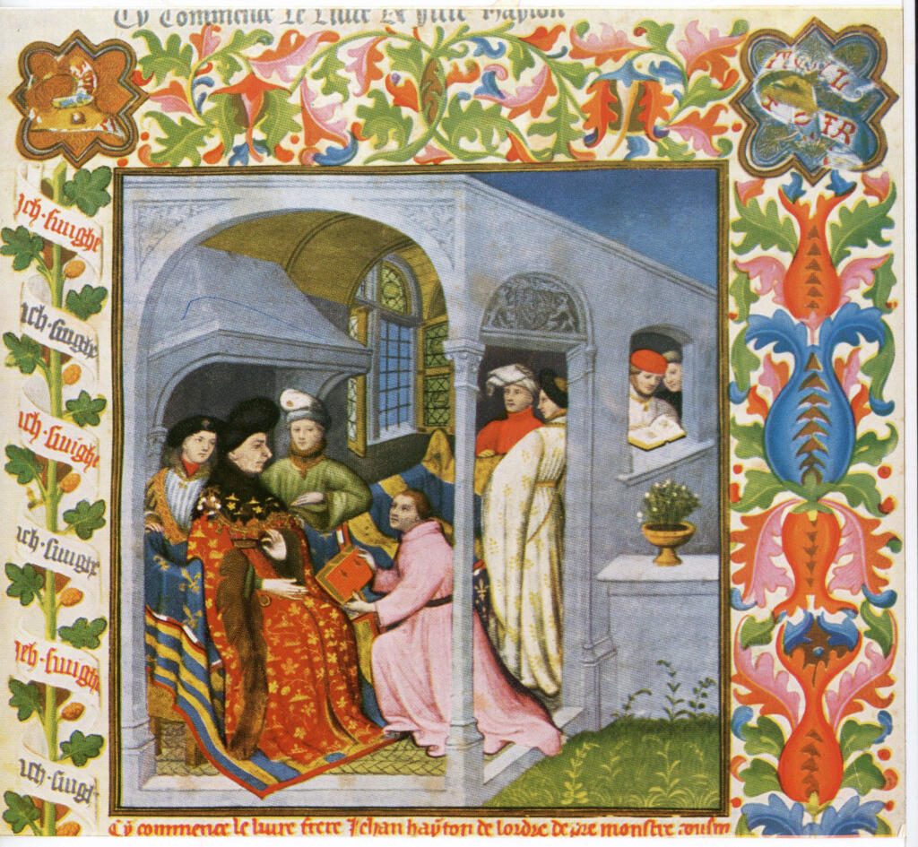 Anonimo , Maître de la Mazarine - Parigi, Bibliothèque nationale de France, ms. Français 2810, f. 226r, particolare, Jean Hayton consegna la sua opera a Jean sans Peur , fronte