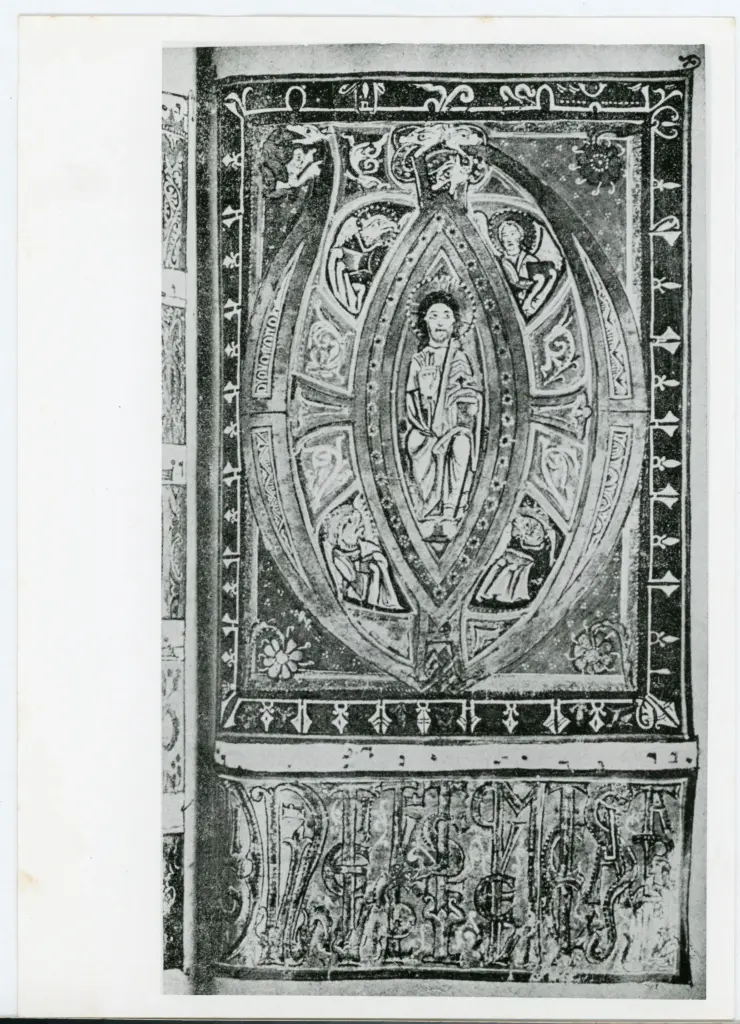 Anonimo sec. XII , Cristo Redentore benedicente in mandorla e simboli degli Evangelisti, Cornice con motivi decorativi fitomorfi