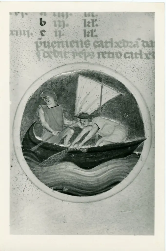 Anonimo sec. XIII , Calendario, Scena di pesca