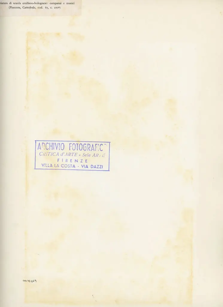 Miniatura di scuola emiliano- bolognese: campanai e musici - (Piacenza, Cattedrale, cod. 65, c. 270a) , retro