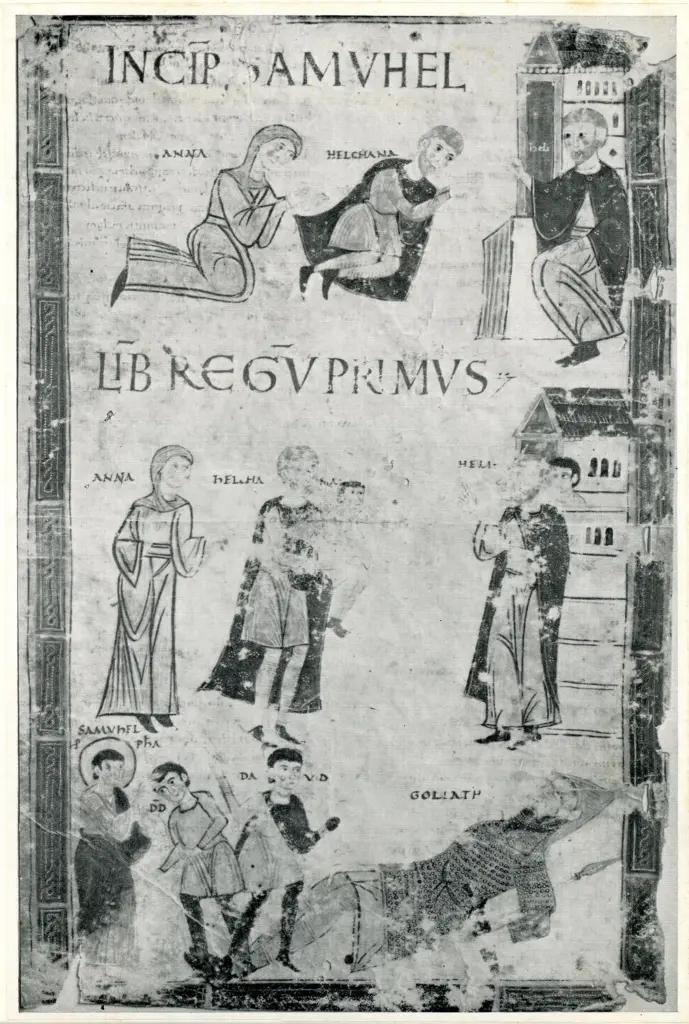 Anonimo sec. XI , Storie dell'Antico Testamento, David e Golia, Cornice con motivi decorativi geometrici