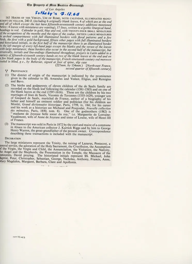 Anonimo francese - sec. XV - Libro d'Ore della Vergine, due pagine miniate , retro