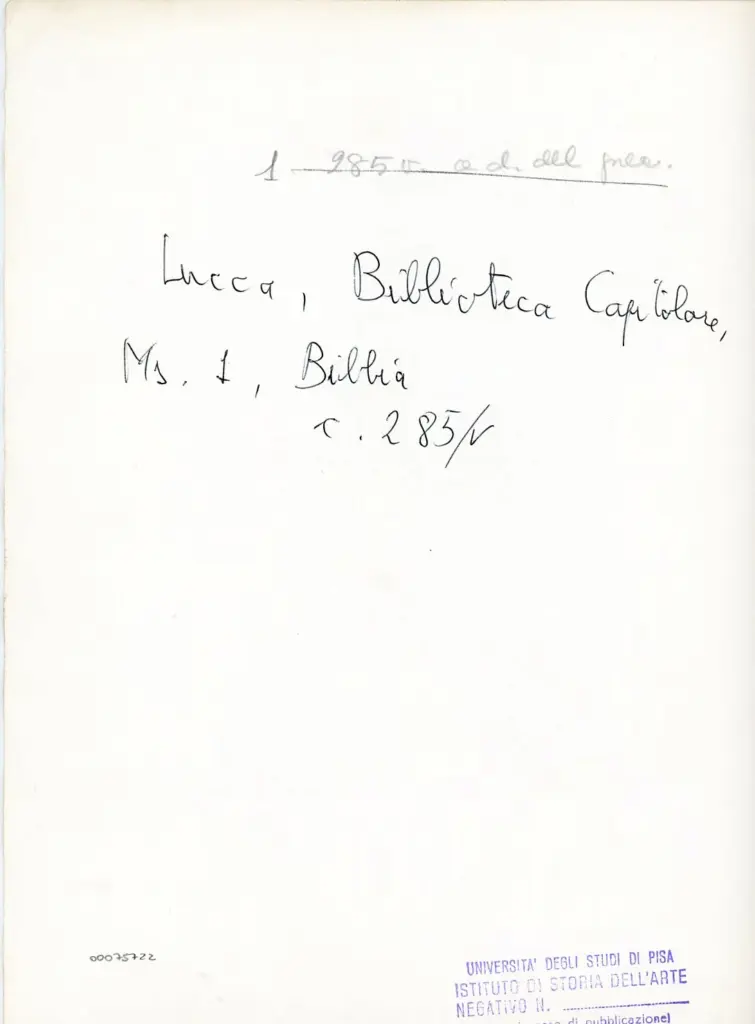 Universit&agrave; di Pisa. Dipartimento di Storia delle Arti , Lucca, Biblioteca Capitolare, Ms. 1, Bibbia - c. 285/v , retro