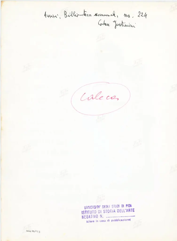 Universit&agrave; di Pisa. Dipartimento di Storia delle Arti , Assisi, Biblioteca comunale, ms. 224 - Codex Iustiniani , retro