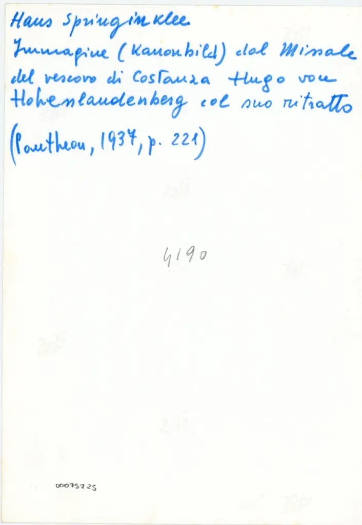 Hans Springinklee - Immagine (Kanon Bild) dal Messale del vescovo di Costanza Hugo von Hohenlaudenberg col suo ritratto , retro