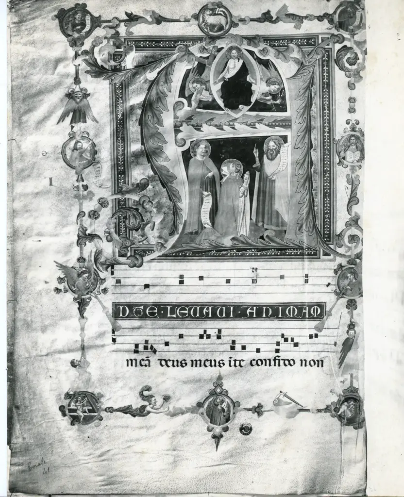 Gabinetto Fotografico della Soprintendenza Speciale per il Patrimonio Storico, Artistico ed Etnoantropologico e per il Polo Museale della citt&agrave; di Firenze , Firenze Biblioteca Laurenziana - Corale 41 - scuola fiorentina sec. XIV, c. I' in. A , fronte