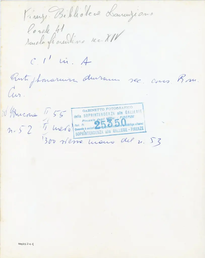 Gabinetto Fotografico della Soprintendenza Speciale per il Patrimonio Storico, Artistico ed Etnoantropologico e per il Polo Museale della citt&agrave; di Firenze , Firenze Biblioteca Laurenziana - Corale 41 - scuola fiorentina sec. XIV, c. I' in. A , retro