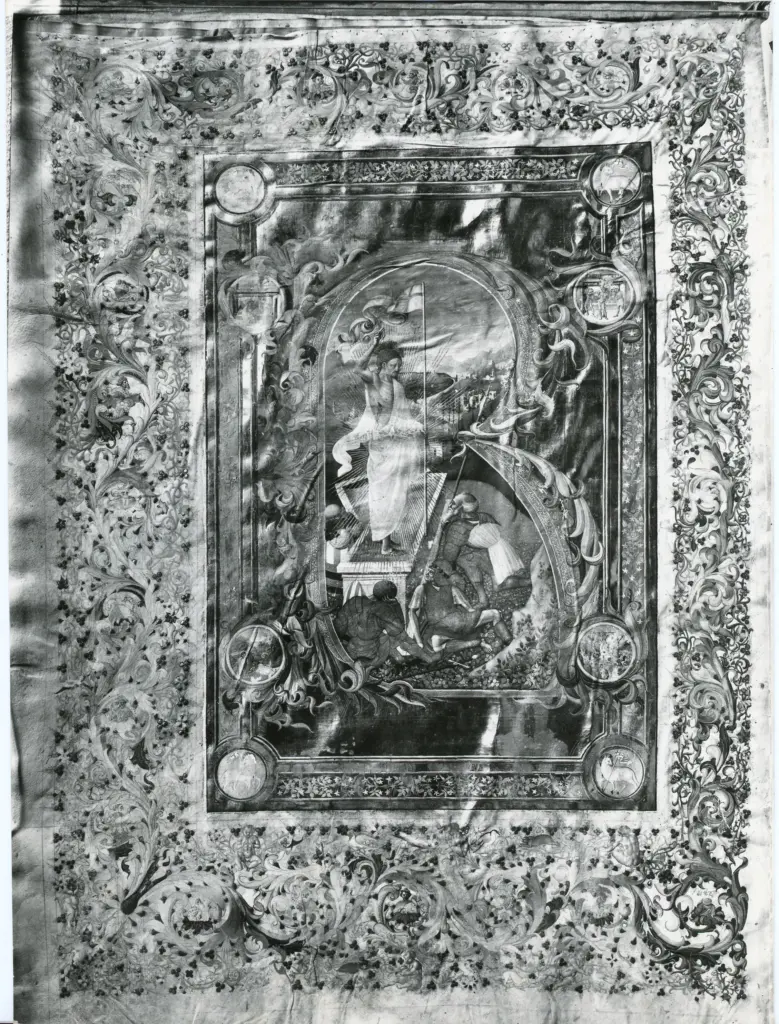 Anonimo fiorentino sec. XV , Iniziale R, Iniziale istoriata, Apparizione di Cristo risorto, Soldati dormienti al Santo Sepolcro, Cornice con motivi decorativi fitomorfi