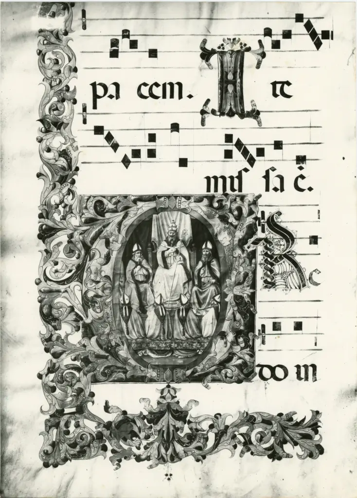 Gabinetto Fotografico della Soprintendenza Speciale per il Patrimonio Storico, Artistico ed Etnoantropologico e per il Polo Museale della citt&agrave; di Firenze , Anonimo fiorentino sec. XIV - sec. XV - Iniziale istoriata; Iniziale R; Apparizione di Cristo risorto; Soldati dormienti al Santo Sepolcro; Cornice con motivi decorativi fitomorfi , fronte