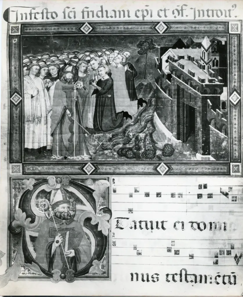 Anonimo fiorentino sec. XIV , San Frediano devia il corso del Serchio, Iniziale S, Iniziale abitata, Motivi decorativi fitomorfi, Notazione musicale