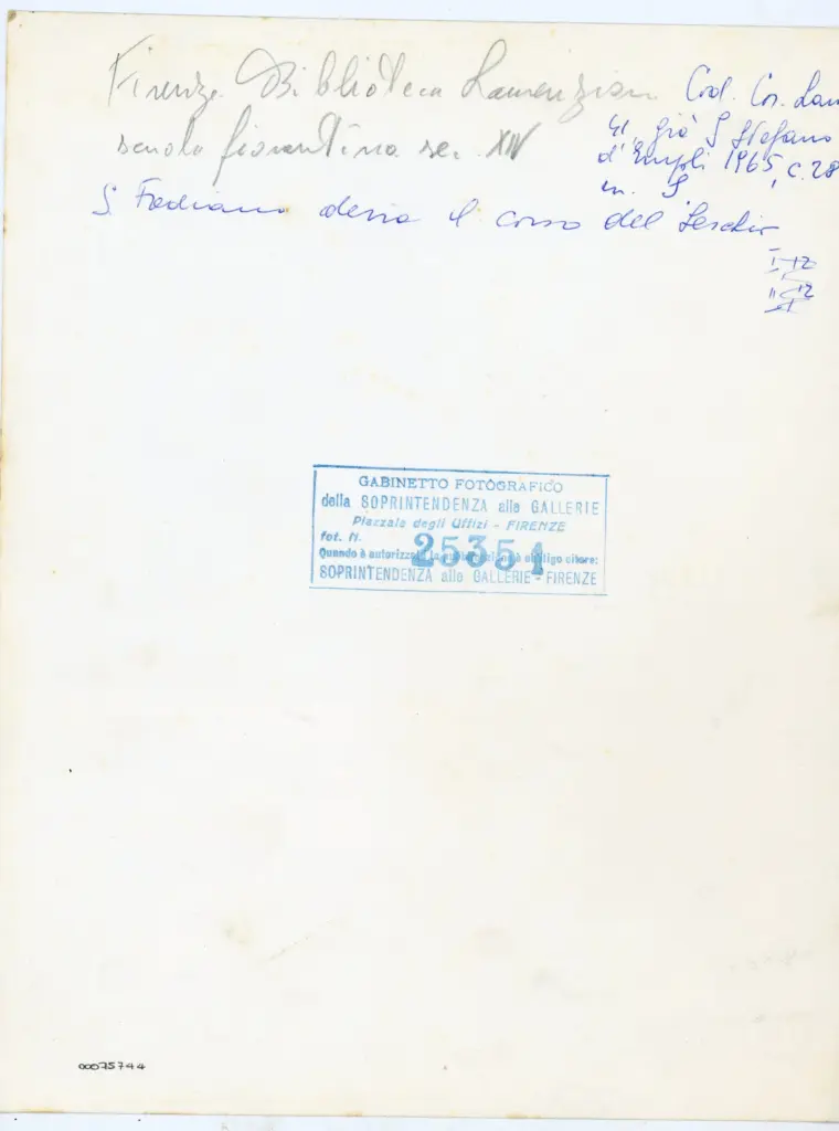 Gabinetto Fotografico della Soprintendenza Speciale per il Patrimonio Storico, Artistico ed Etnoantropologico e per il Polo Museale della citt&agrave; di Firenze , Firenze. Biblioteca laurenziana - scuola fiorentina sec. XIV , retro