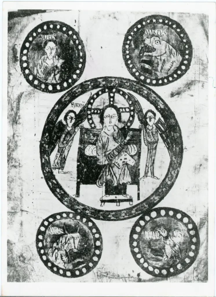 Autun - Biblioteca Comunale - Evangeliario di Gundolinus - Critso in Trono con angeli e i 4 simboli degli Evangelisti (fol. 12v) , fronte