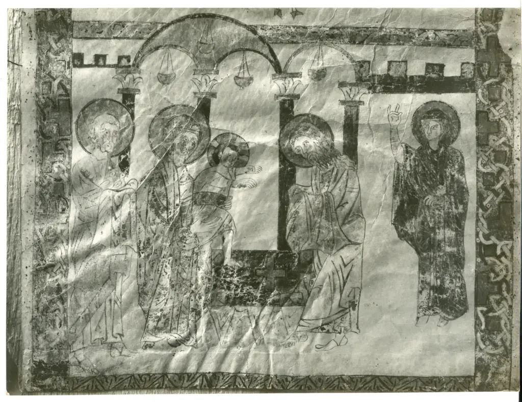 Anonimo sec. XI , Episodio del Nuovo Testamento, Episodi dell'infanzia di Cristo, Presentazione di Ges&ugrave; al Tempio, Cornice con motivi decorativi geometrici