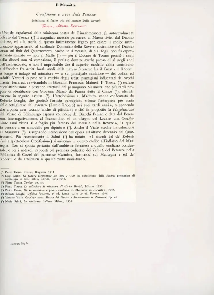 Il Marmitta - Crocifissione e scene della Passione - miniatura al foglio 140 del messale Della Rovere , retro