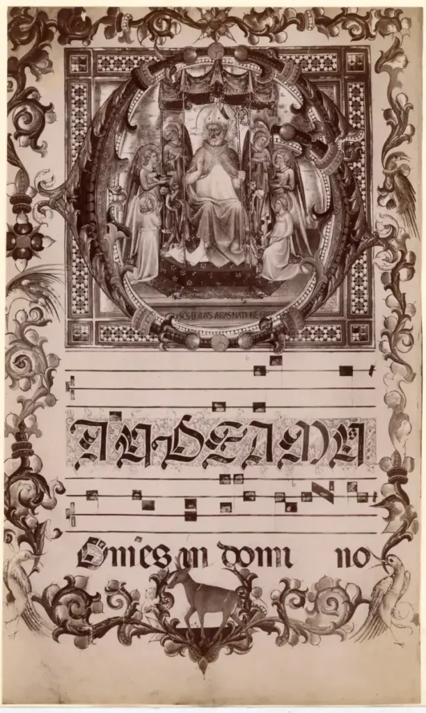 Bartolomeo di Fruosino , Iniziale G, Iniziale abitata, Sant'Egidio, Cornice con motivi decorativi fitomorfi e animali, Notazione musicale