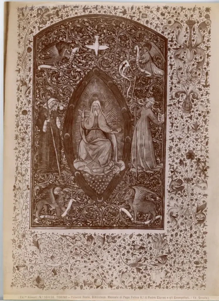 Alinari, Fratelli , Torino - Palazzo Reale. Biblioteca. Messale di Papa Felice V°, il Padre Eterno e gli Evangelisti. (XV. Secolo). , fronte