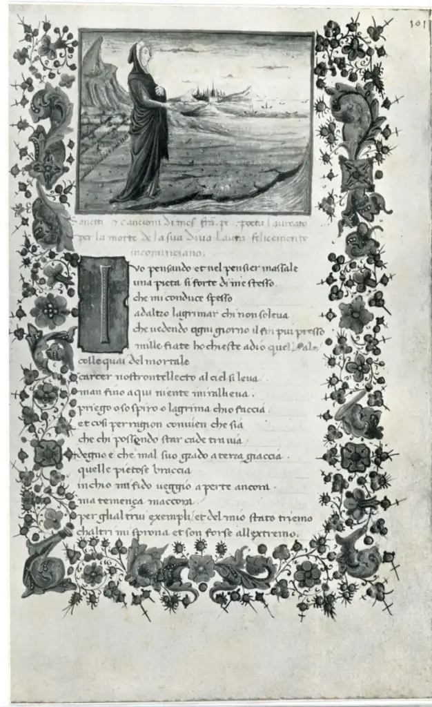 Anonimo , Anonimo - Pagina miniata di un'edizione dei Sonetti di Francesco Petrarca , fronte