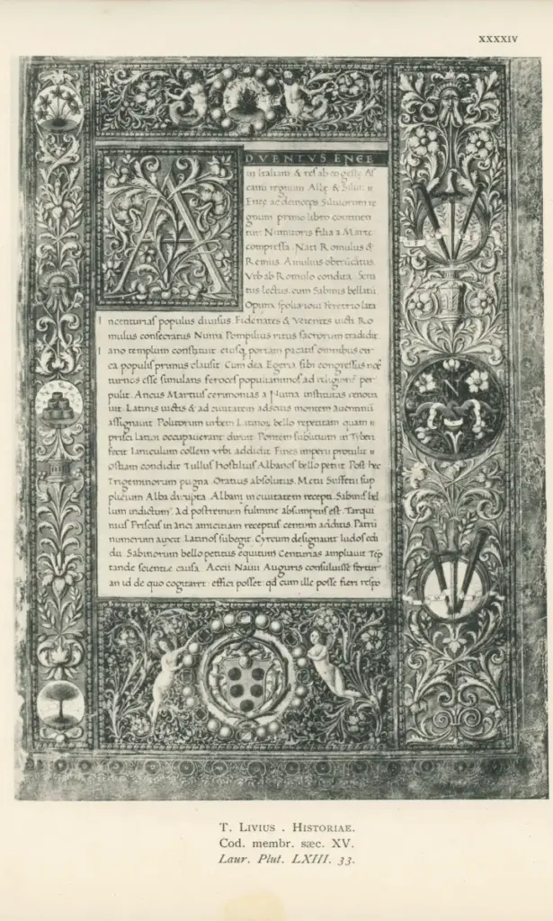 Anonimo sec. XV , Frontespizio miniato, Iniziale A, Iniziale decorata, Cornice con motivi decorativi fitomorfi, Stemma della famiglia Medici