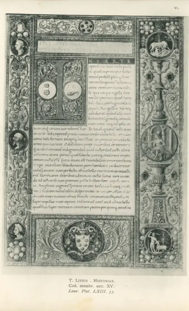 Anonimo sec. XV , Frontespizio miniato, Iniziale A, Iniziale decorata, Cornice con motivi decorativi fitomorfi, Stemma della famiglia Medici