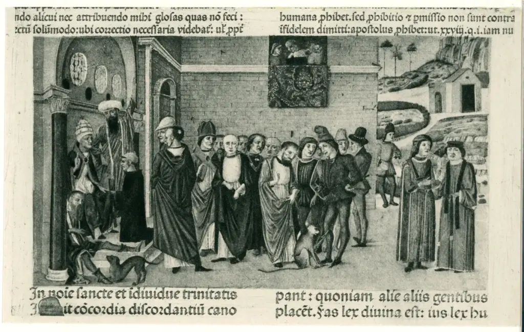 Anonimo , Anonimo - sec. XV, seconda metà - Ferrara, Palazzo Schifanoia, Decretum Gratiani Roverella, f. 1, particolare , fronte