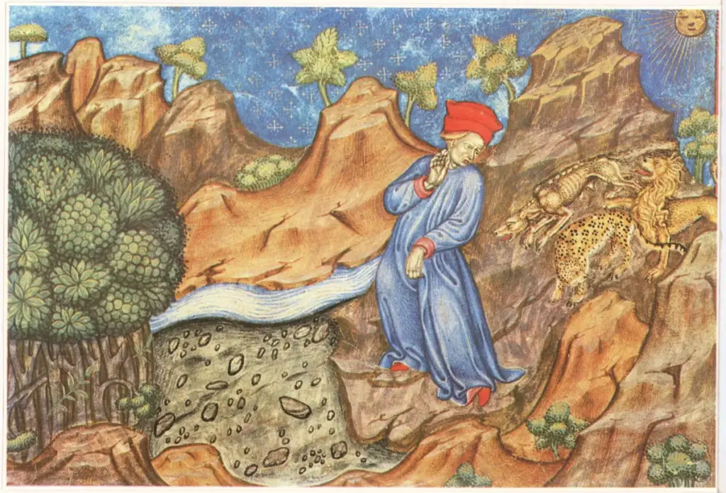 Anonimo , Inferno I, 49-51 - La Commedia, Inferno. - Min. lombarda - Prima met&agrave; del sec. XV - (Parigi, Biblioteca Nazionale - Ms. It. 2017 - f. 10 v) , fronte