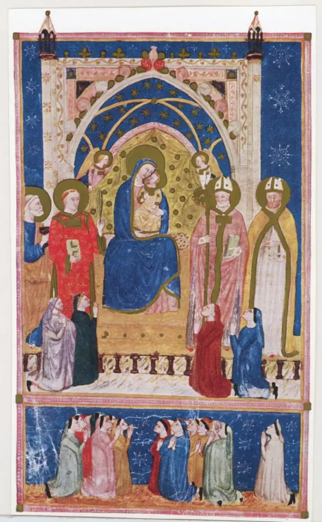 Anonimo , Maestà (Perugia, Archivio del Nobile Collegio della Mercanzia, Matricola dell'Arte della Mercanzia del 1356, f. 2v.). , fronte