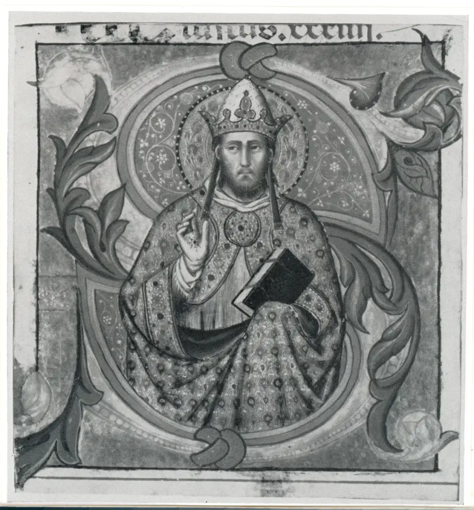 Anonimo , Lorenzo Monaco - sec. XIV - Iniziale S con Santo vescovo , fronte