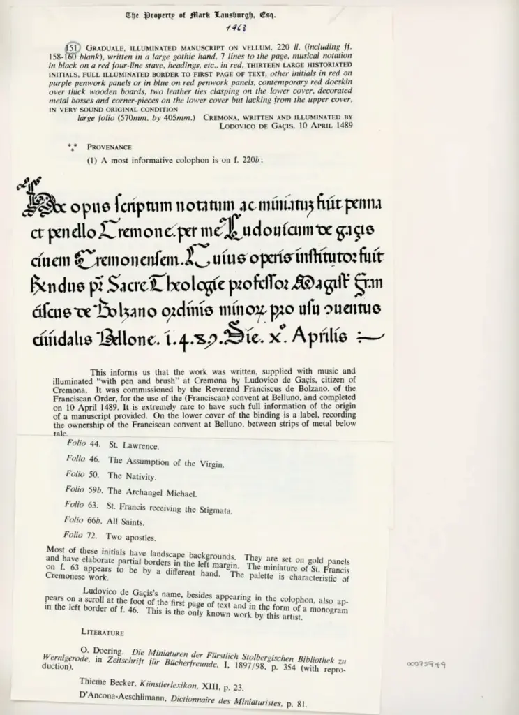 Anonimo , Gaci, Ludovico de - sec. XV - New York, Pierpont Morgan Library, Accession number MS M.1181, intero , retro