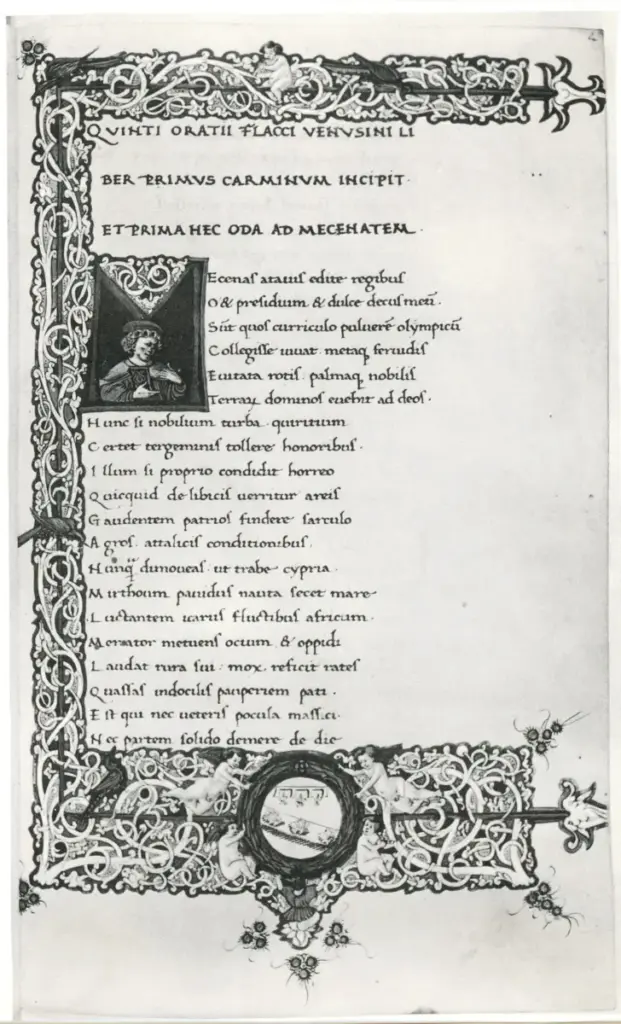 Anonimo , Anonimo fiorentino - ca. 1480 - Pagina miniata con iniziale M , fronte