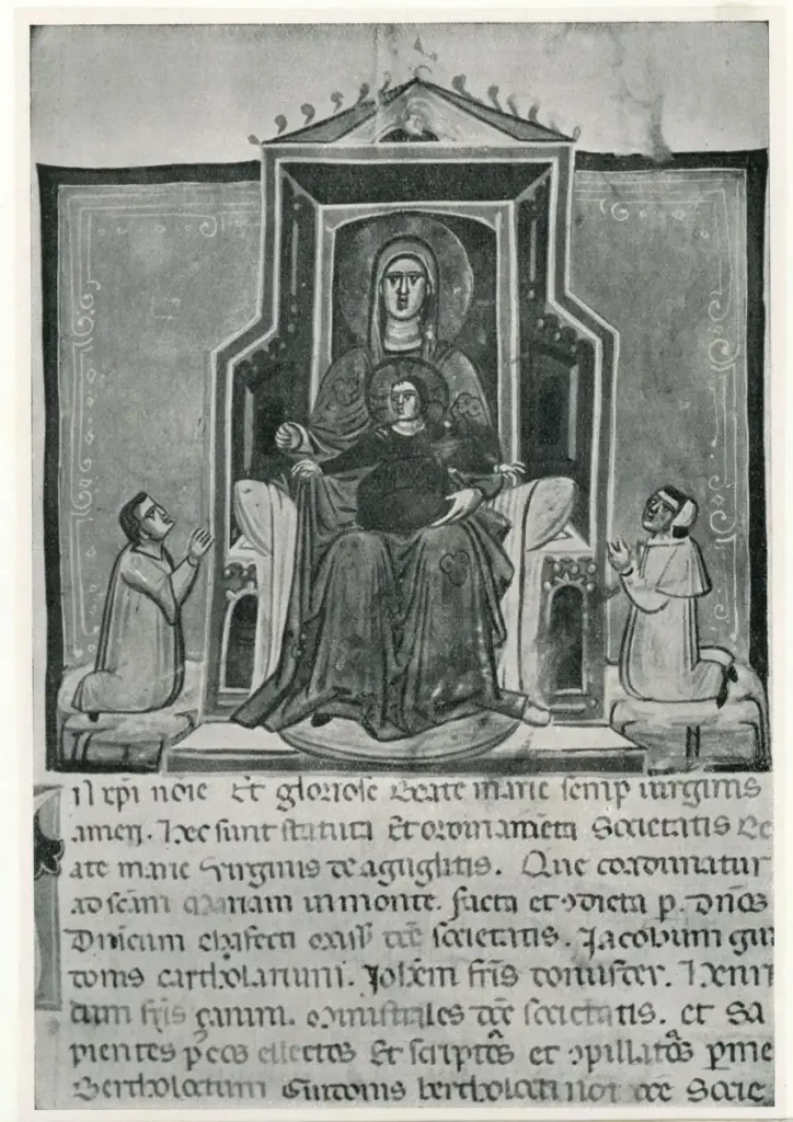 Anonimo , Miniatura di scuola bolognese rappresentante la Madonna col Bambino e due confratri, nella c. Ia dello Statuto della Confraternita di S. Maria de Aguglitis - (Bologna, Biblioteca dell'Archiginnasio, Fondo Gozzadini, n. 203) , fronte