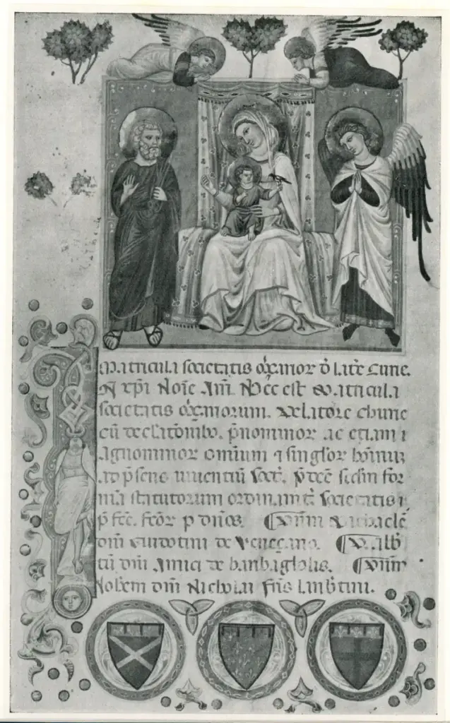 Anonimo , Madonna col Bambino: miniatura di scuola bolognese nella c. Ia dello Statuto dei Merciai. conservato nel Museo Civico di Bologna , fronte