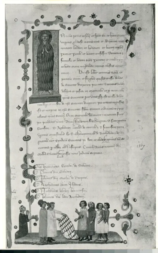 Anonimo , Pagina iniziale (c. Ia), con miniatura di scuola bolognese, della Matricola dei Drappieri - (Bologna, Museo Civico, n. 86) , fronte