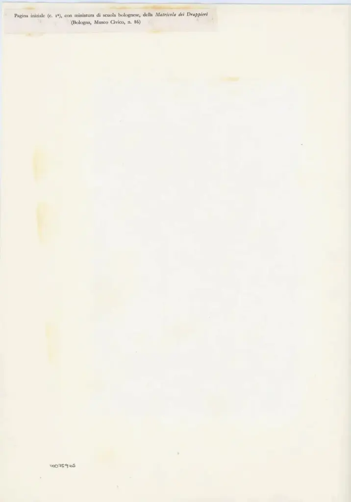Anonimo , Pagina iniziale (c. Ia), con miniatura di scuola bolognese, della Matricola dei Drappieri - (Bologna, Museo Civico, n. 86) , retro
