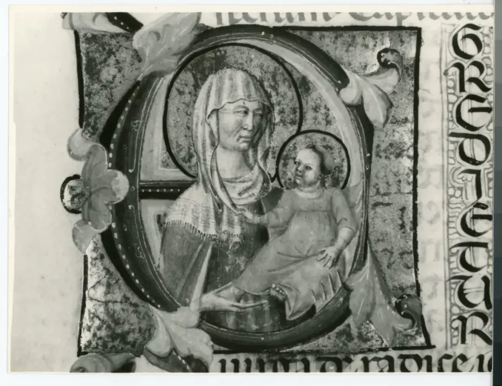 Anonimo , Anonimo pisano - sec. XIV - Firenze, Biblioteca Medicea Laurenziana, iniziale miniata con Madonna con il Bambino , fronte