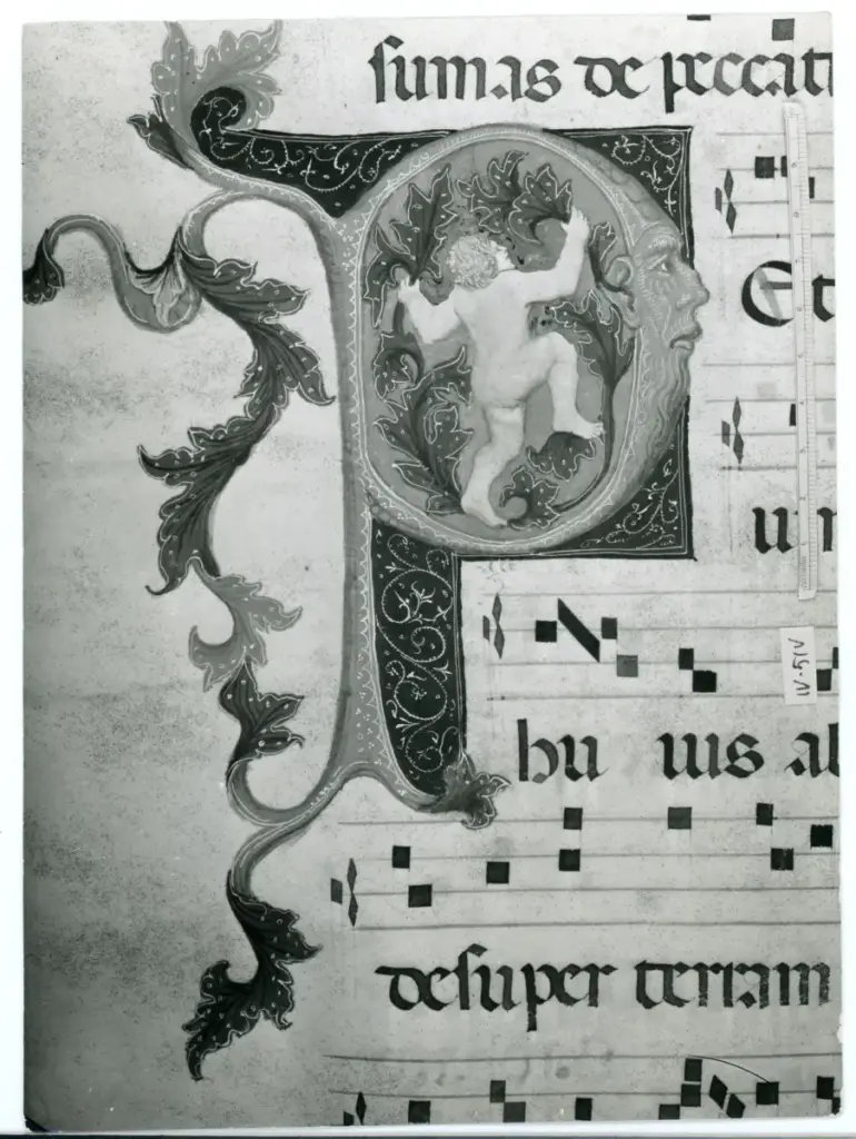 Anonimo , Turone di Maxio - sec. XIV - Iniziale P; Iniziale abitata; Iniziale figurata; Putto; Motivo decorativo antropomorfo ; Notazione musicale , fronte